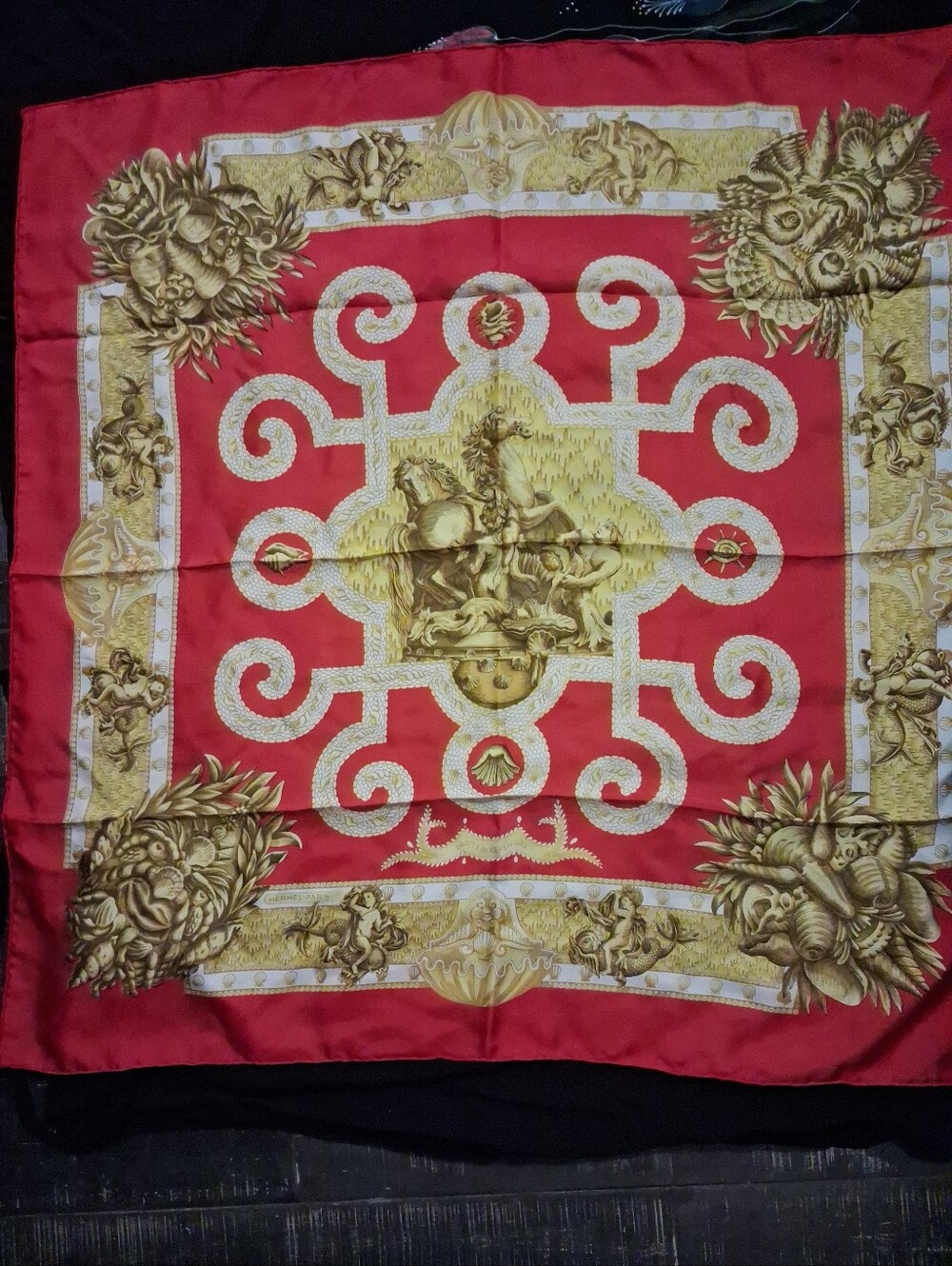Hermes 80s Red and Gold Silk Scarf